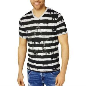 Black Gray Striped Star-Studded Graphic V Neckline Short Sleeve Shirt